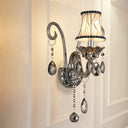 Vintage Smoke Gray Crystal Bell Sconce - Half-Bulb Retro Wall Lamp With Fabric Shade For Living Room