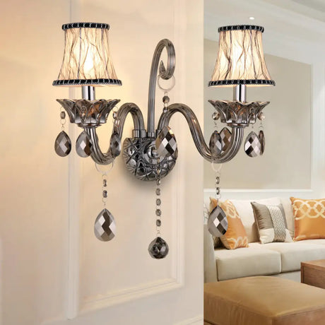 Vintage Smoke Gray Crystal Bell Sconce - Half-Bulb Retro Wall Lamp With Fabric Shade For Living Room