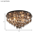 Vintage Smoke Gray Flush Mount Light With Crystal Bead Accents Warm Led Ceiling Lamp -