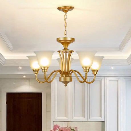 Vintage Sputnik Metal Chandelier With Flared White Glass Shade - Gold Finish 3/5/6 Lights For Living