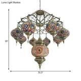 Vintage Stained Art Glass Chandelier - Red/Blue 9-Head Ceiling Light Fixture