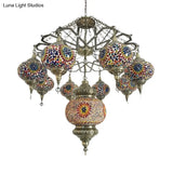 Vintage Stained Art Glass Chandelier - Red/Blue 9-Head Ceiling Light Fixture