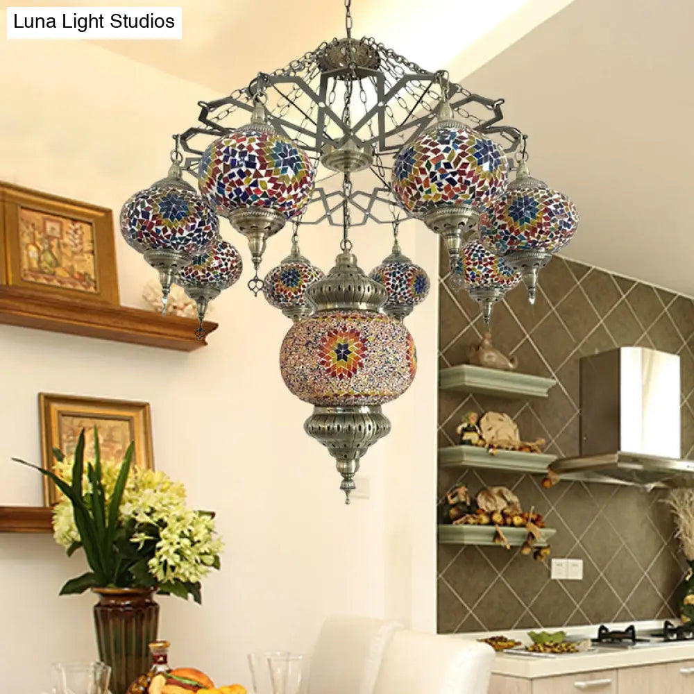 Vintage Stained Art Glass Chandelier - Red/Blue 9-Head Ceiling Light Fixture
