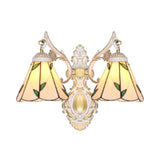 Vintage Stained Glass 2-Head Wall Mount Light In White/Antique Brass For Bedroom Décor White