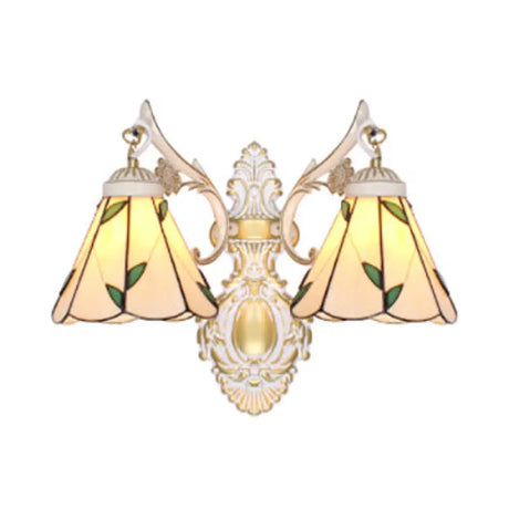 Vintage Stained Glass 2-Head Wall Mount Light In White/Antique Brass For Bedroom Décor White