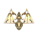 Vintage Stained Glass 2-Head Wall Mount Light In White/Antique Brass For Bedroom Décor Antique