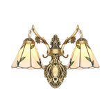 Vintage Stained Glass 2-Head Wall Mount Light In White/Antique Brass For Bedroom Décor Antique
