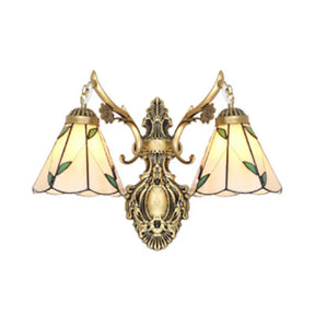 Vintage Stained Glass 2-Head Wall Mount Light In White/Antique Brass For Bedroom Décor Antique
