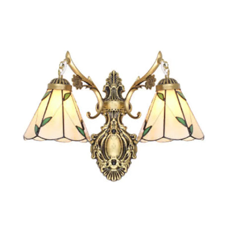 Vintage Stained Glass 2-Head Wall Mount Light In White/Antique Brass For Bedroom Décor Antique