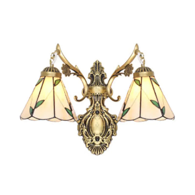 Vintage Stained Glass 2-Head Wall Mount Light In White/Antique Brass For Bedroom Décor Antique