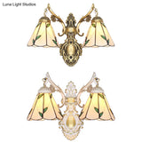 Vintage Stained Glass 2-Head Wall Mount Light In White/Antique Brass For Bedroom Décor