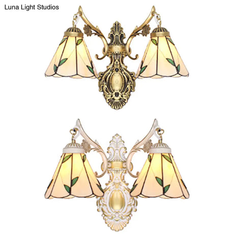 Vintage Stained Glass 2-Head Wall Mount Light In White/Antique Brass For Bedroom Décor