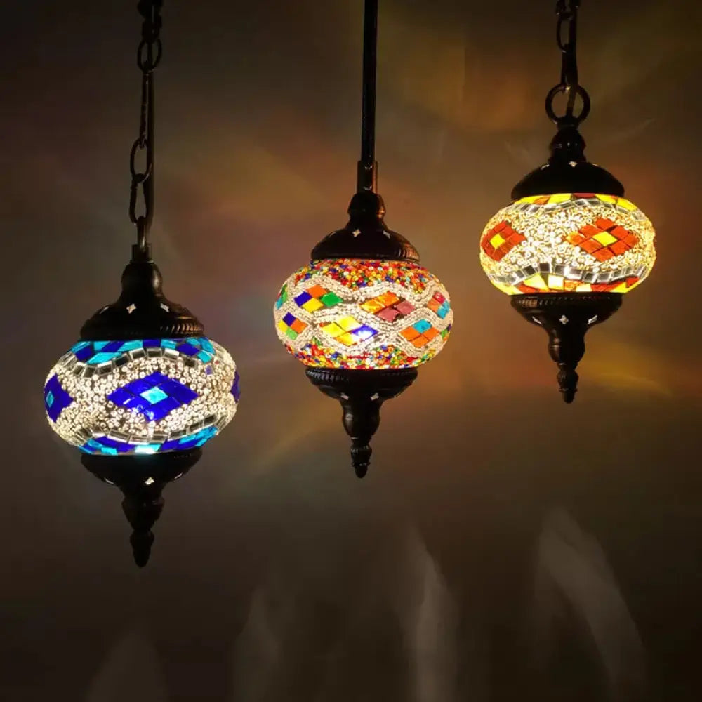 Vintage Stained Glass Bedroom Pendant - Red/Yellow/Green Oval Cluster Lamp With 3 Heads Yellow