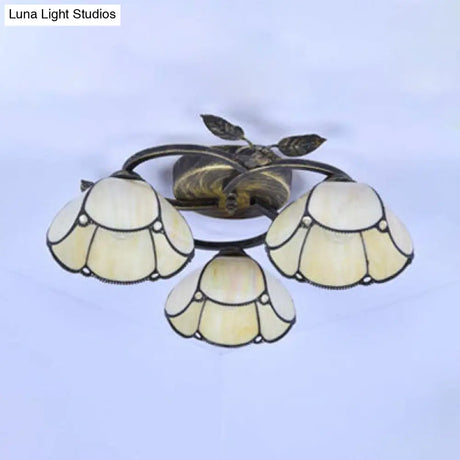 Vintage Stained Glass Bowl Ceiling Light Fixture 3 Lights Industrial Style - White/Blue/Beige