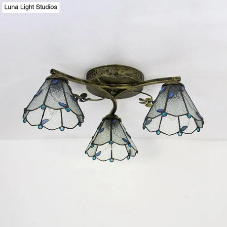 Vintage Stained Glass Ceiling Light - Conic Flushmount With Art Pattern 3 Lights