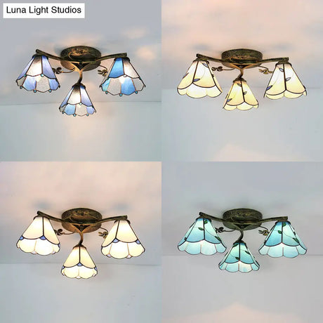 Vintage Stained Glass Ceiling Light - Conic Flushmount With Art Pattern 3 Lights