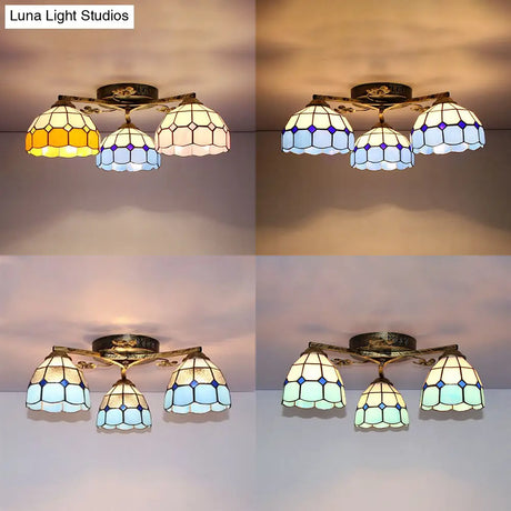 Vintage Stained Glass Ceiling Light - Conic Flushmount With Art Pattern 3 Lights