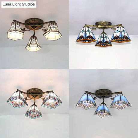 Vintage Stained Glass Ceiling Light - Conic Flushmount With Art Pattern 3 Lights