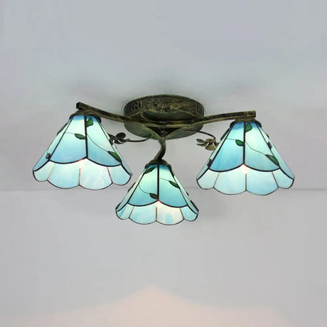 Vintage Stained Glass Ceiling Light - Conic Flushmount With Art Pattern 3 Lights Antique Bronze /