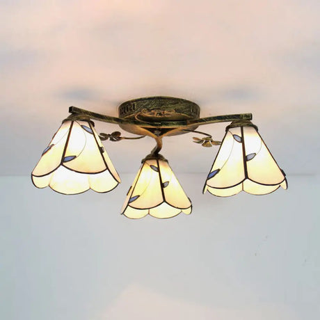 Vintage Stained Glass Ceiling Light - Conic Flushmount With Art Pattern 3 Lights Antique Bronze /