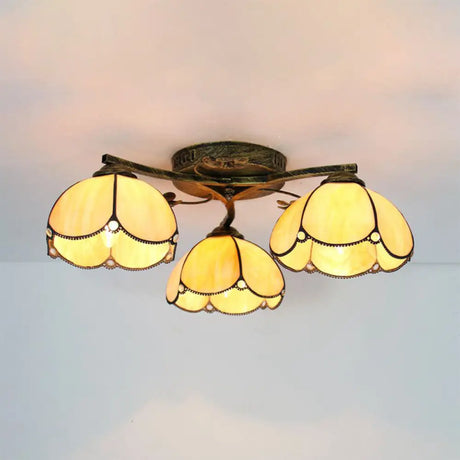 Vintage Stained Glass Ceiling Light - Conic Flushmount With Art Pattern 3 Lights Antique Bronze /