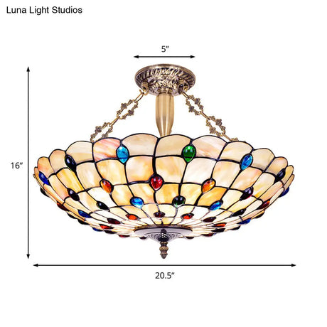 Vintage Stained Glass Ceiling Light With 4 Jewel Heads In Beige