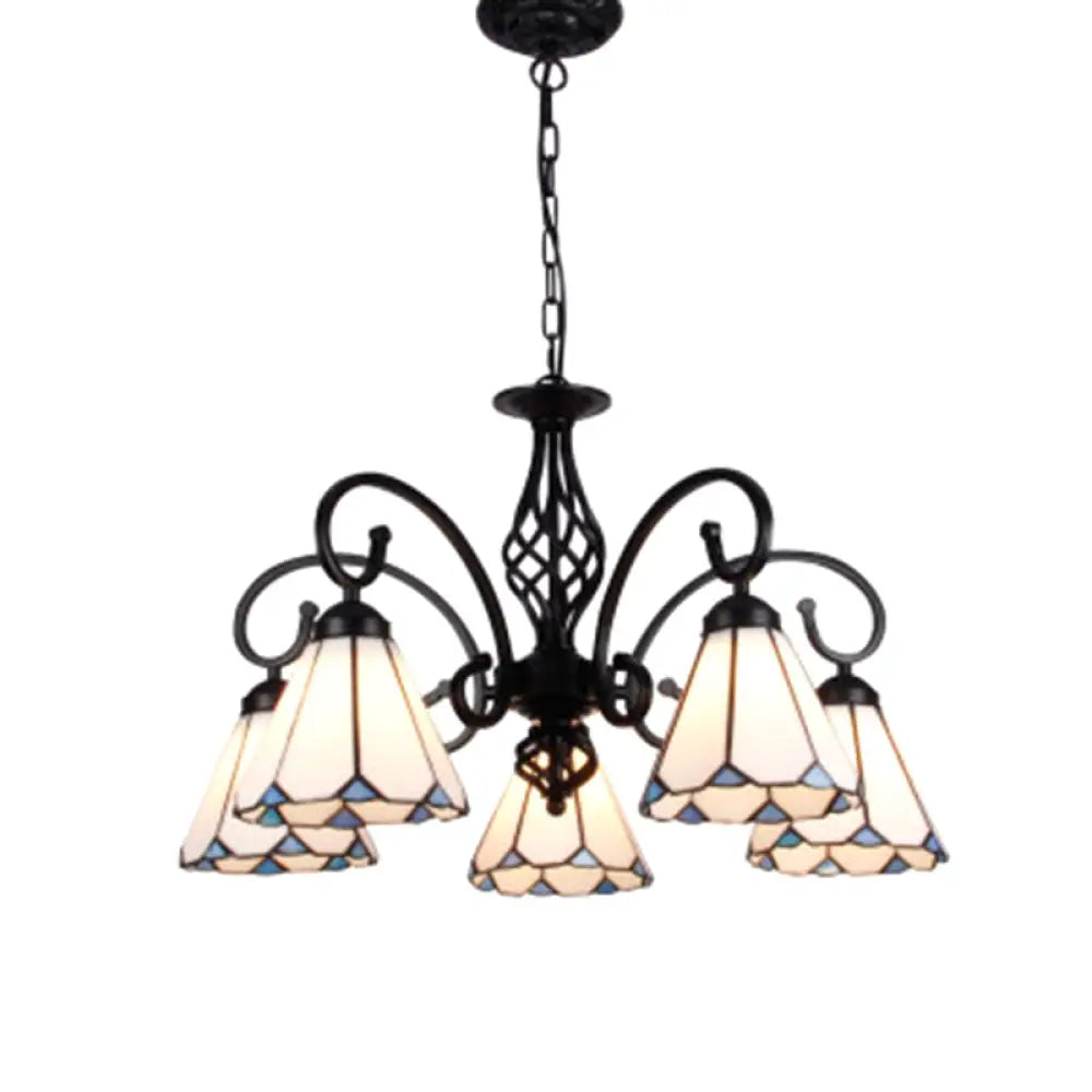 Vintage Stained Glass Chandelier Handcrafted Floral Hanging Light For Hall 5 / White
