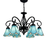 Vintage Stained Glass Chandelier Handcrafted Floral Hanging Light For Hall 6 / Blue