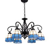 Vintage Stained Glass Chandelier Handcrafted Floral Hanging Light For Hall 6 / Blue-White