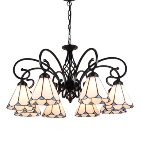 Vintage Stained Glass Chandelier Handcrafted Floral Hanging Light For Hall 8 / White