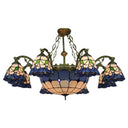 Vintage Stained Glass Chandelier With Flared Suspension And Blue Bowl Shade