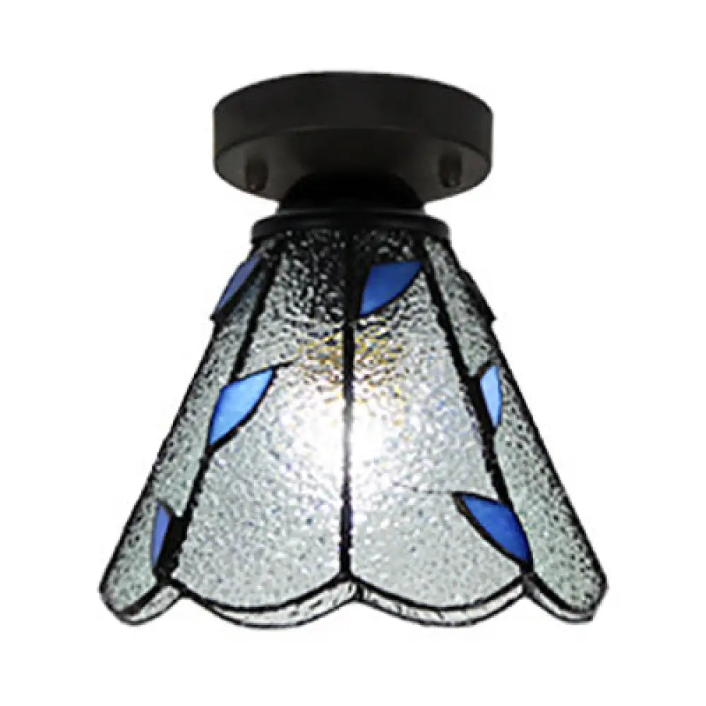 Vintage Stained Glass Conic Ceiling Light Fixture In White/Clear/Beige For Bedroom Clear