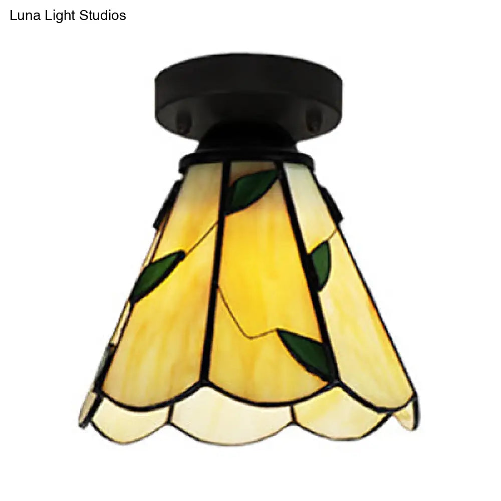 Vintage Stained Glass Conic Ceiling Light Fixture In White/Clear/Beige For Bedroom