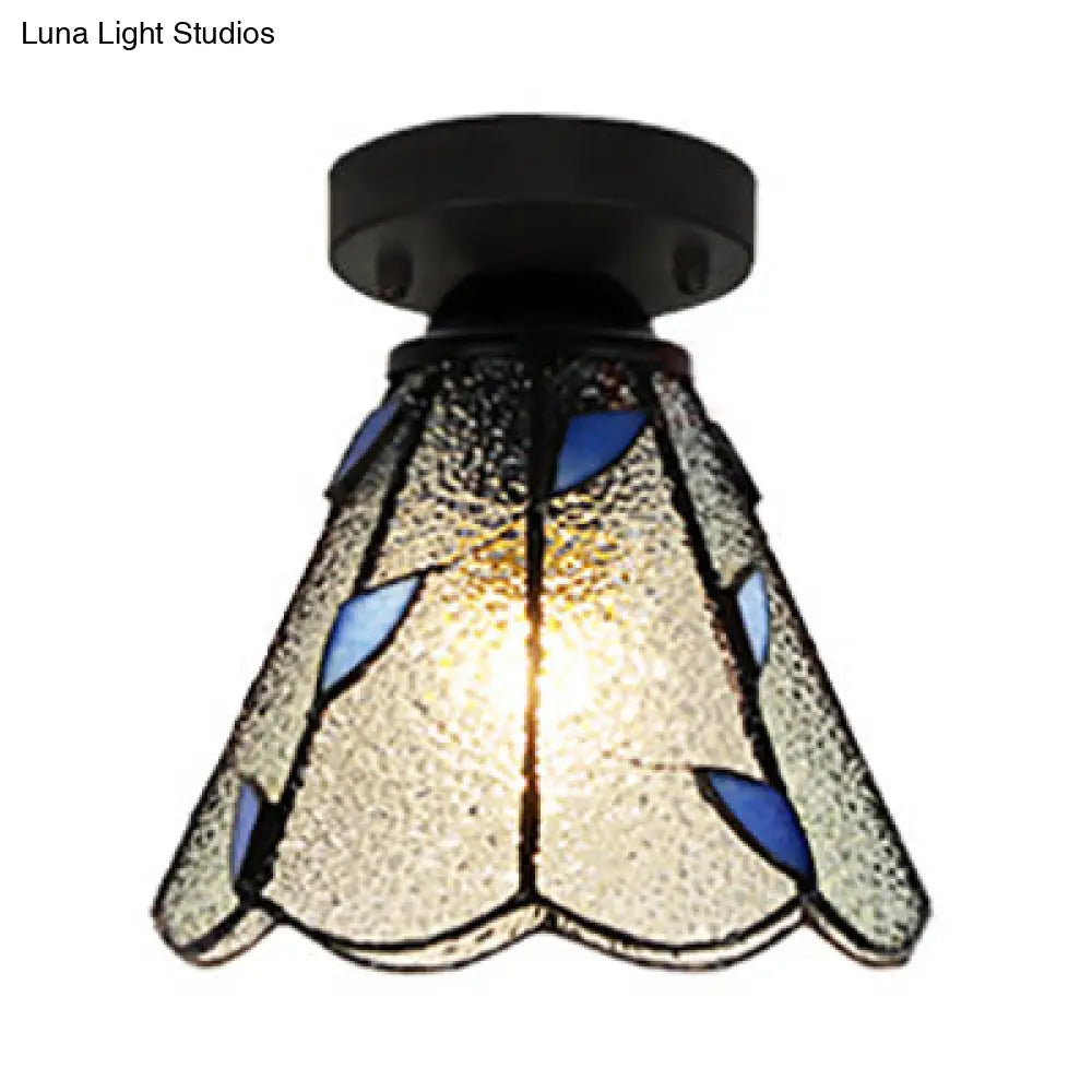 Vintage Stained Glass Conic Ceiling Light Fixture In White/Clear/Beige For Bedroom