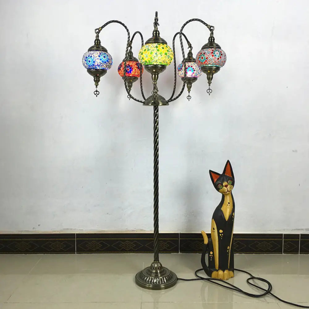 Vintage Stained Glass Curved Arm Floor Lamp - Yellow/Blue 5-Head Standing Light For Reading Yellow