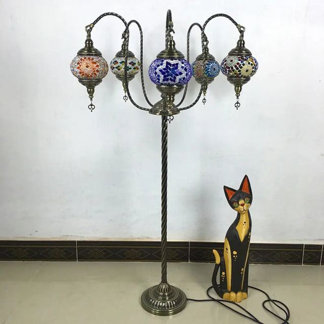 Vintage Stained Glass Curved Arm Floor Lamp - Yellow/Blue 5-Head Standing Light For Reading Blue