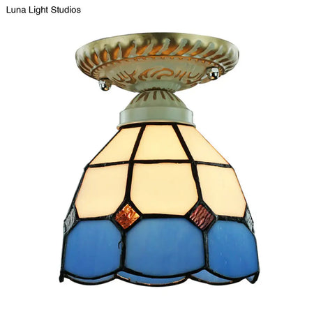 Vintage Stained Glass Dome Ceiling Light Fixture In Orange/Blue For Hallway