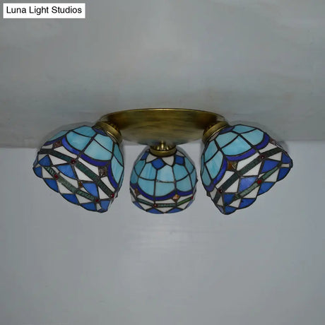 Vintage Stained Glass Dome Shade Ceiling Fixture - Victorian/Mediterranean/Baroque Pattern Flush
