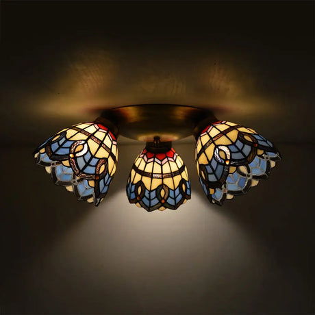 Vintage Stained Glass Dome Shade Ceiling Fixture - Victorian/Mediterranean/Baroque Pattern Flush