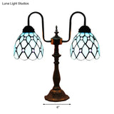 Vintage Stained Glass Dome Table Lamp With Industrial Accent In Blue - 2 Lights Ideal For Bedside