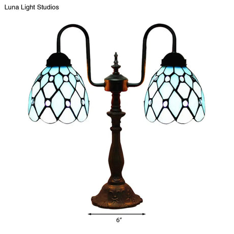 Vintage Stained Glass Dome Table Lamp With Industrial Accent In Blue - 2 Lights Ideal For Bedside