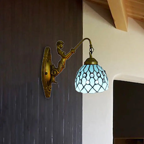 Vintage Stained Glass Dome Wall Mount Mini Sconce Light In Brass Blue / Mermaid
