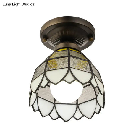 Vintage Stained Glass Domed Flush Mount Light Fixture For Bedroom