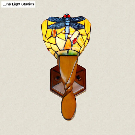 Vintage Stained Glass Dragonfly Wall Sconce - Yellow 1 Head Ideal For Corridor Lighting