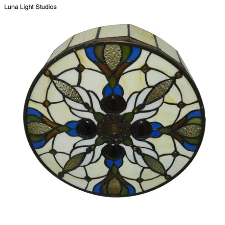 Vintage Stained Glass Flushmount Ceiling Light With Peacock Tail Pattern In Beige - 2 Lights