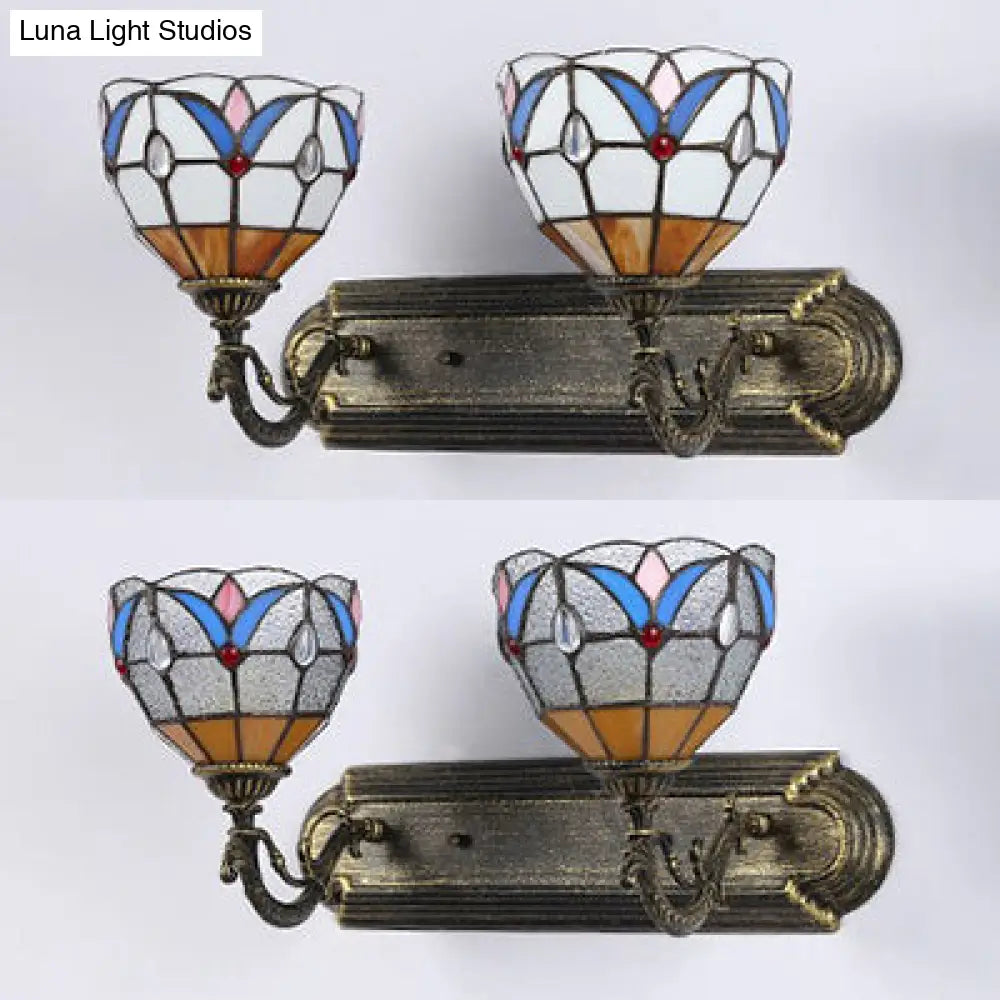 Vintage Stained Glass Sconce Light With 2 Heads For Bathroom Vanity - White/Clear Bedroom Lighting