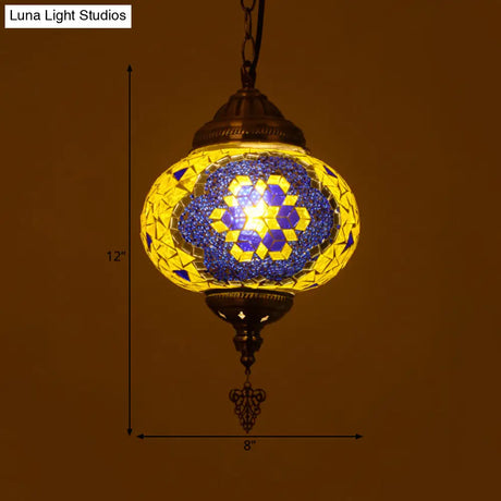 Vintage Stained Glass Spherical Hanging Pendant In Red/Blue/Yellow For Living Room