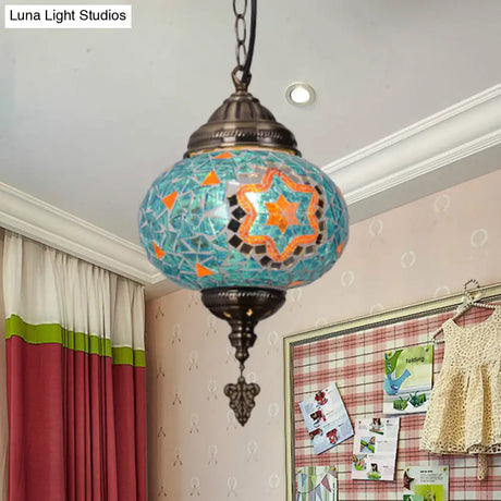 Vintage Stained Glass Spherical Hanging Pendant In Red/Blue/Yellow For Living Room