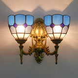 Vintage Stained Glass Wall Lighting: 2-Light Bowl Mount In Blue/Sky Blue For Living Room