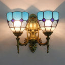 Vintage Stained Glass Wall Lighting: 2-Light Bowl Mount In Blue/Sky Blue For Living Room Sky